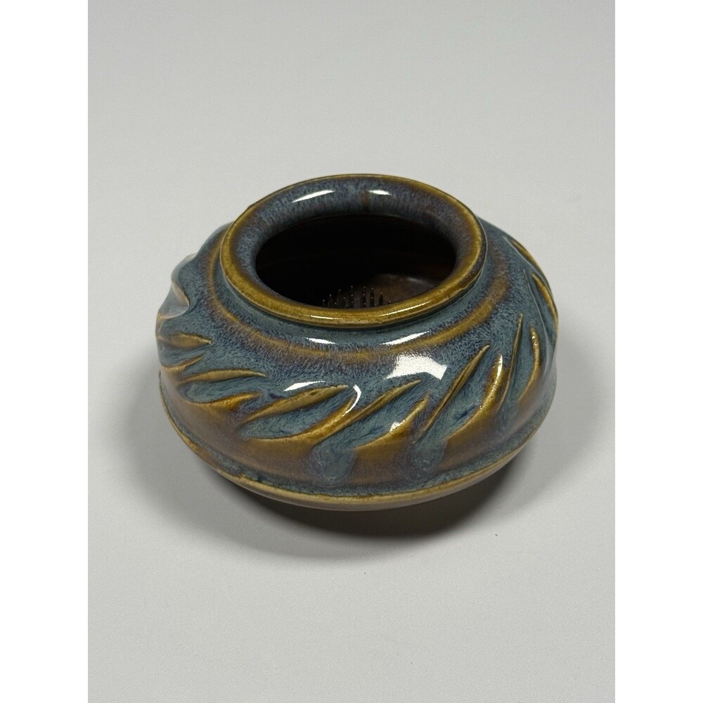 Signed Studio Pottery Ikebana Vase Blue Brown Kenzan Flower Frog Art Pottery